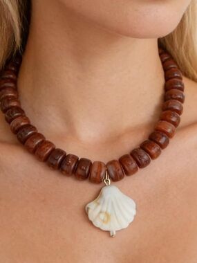 Brown Wood Bead Necklace with White Shell Charm